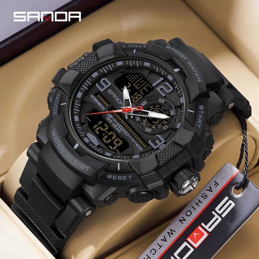 SANDA. SANDA Luxury G Series Shock-Resistant Men's Electronic Watch, Outdoor Sports LED Pointer/Digital Dual Display Chronograph, Military Dual Display, 50M Water Resistant