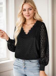 hoteel V-Neck Lace Loose Top Lace Patchwork Balloon Sleeves Blouse Elegant - màu đen - Xem 4