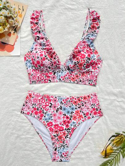 Il nuovo set di bikini floreale dolce, carino e sexy del 2026 con volant, spalline regolabili e pantaloncini da bagno con lacci laterali