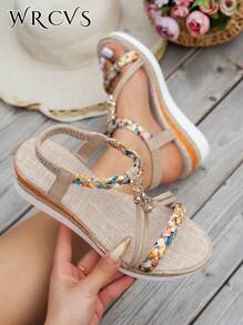 WRCVS Beige Women Sandals Woven Strap Wedge Heel Platform Rope Sole Handmade Bead Braided Shoes, Lightweight Vacation Bohemian Style Elevated Outdoor Sandals - Beige - View 3