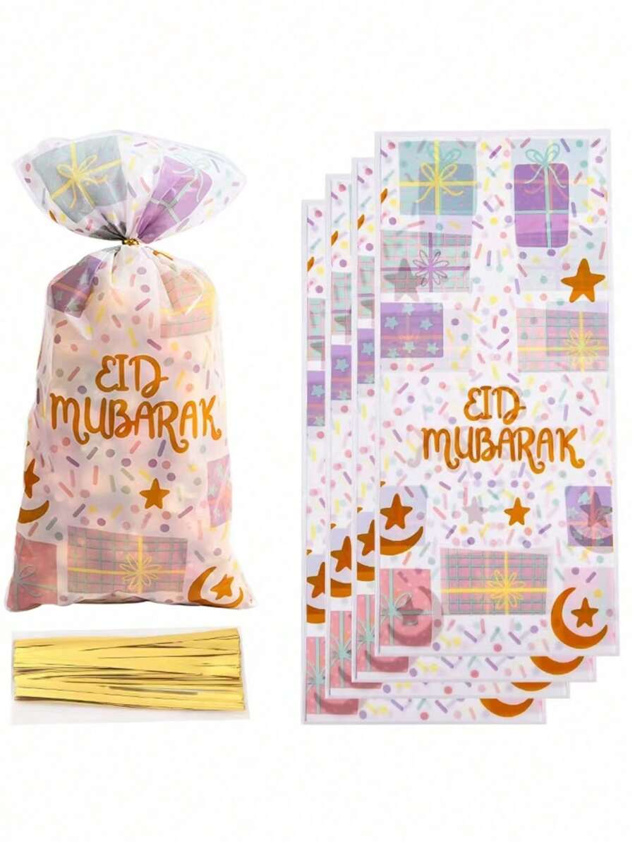 50pcs Kareem Gift Bags Eid Mubarak Candy Cookie Bag With 50pcs Ribbon, 2025 Islamic Muslim Party Supplies Eid Gift Packaging Pouch Decor - Multicolor - View 1