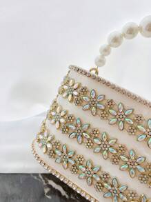 1pc Apricot Bucket Style Acrylic Handbag With Rhinestone Metal Hardware And Pearls, Suitable For Attending Evening Parties And Balls - Beige - View 5