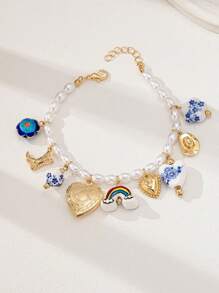 1 件陶瓷心形小盒串珠手链、牛仔靴和帽子多串珠手链、女士人造珍珠串珠手链（手工陶瓷，颜色和形状可能有所不同）