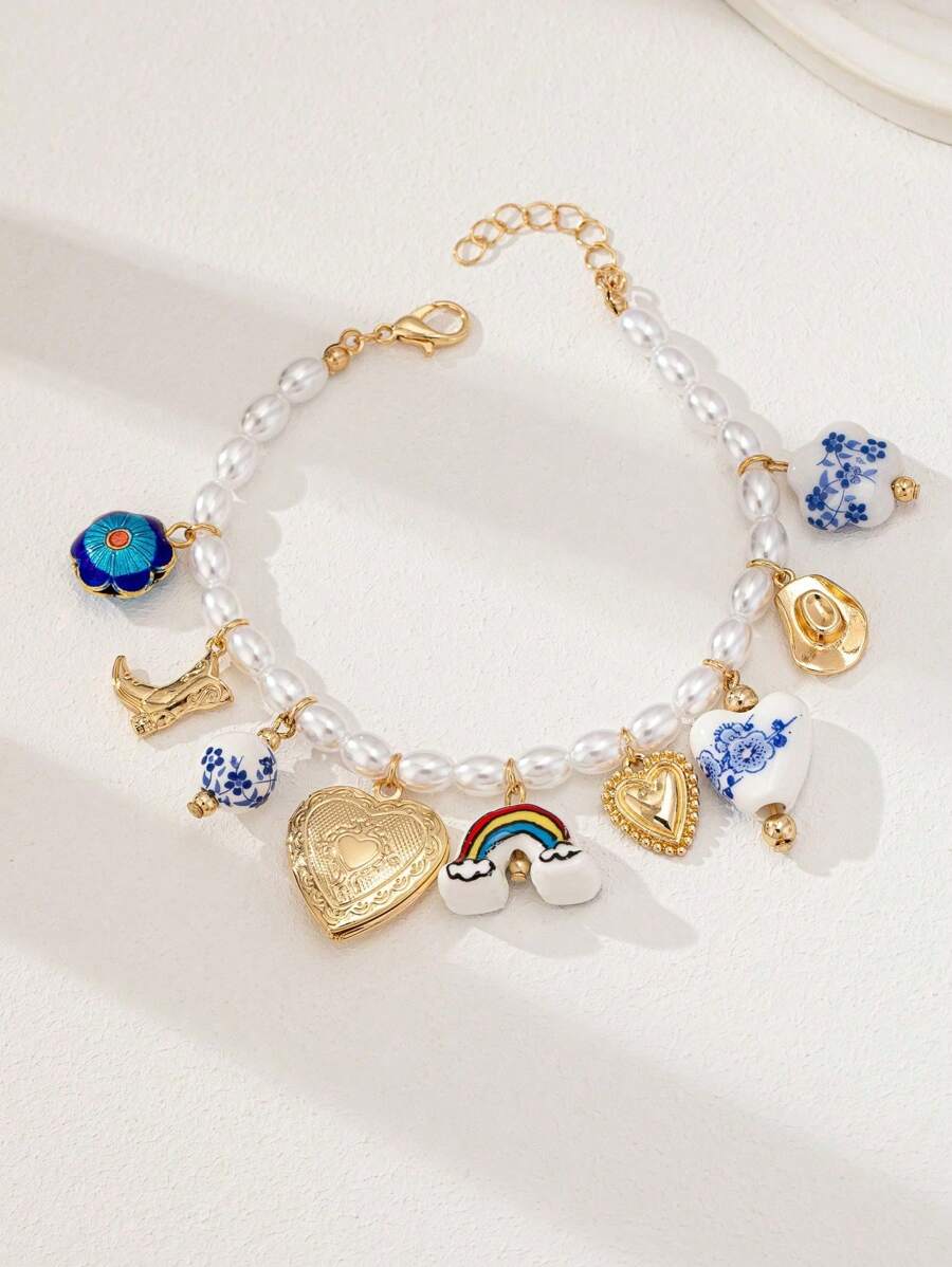 1 件陶瓷心形小盒串珠手链、牛仔靴和帽子多串珠手链、女士人造珍珠串珠手链（手工陶瓷，颜色和形状可能有所不同）