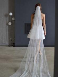 1 件带珍珠的新娘面纱，适合婚礼、摄影道具、登记处头饰带发梳女士秋装 - 米色 - 查看 3