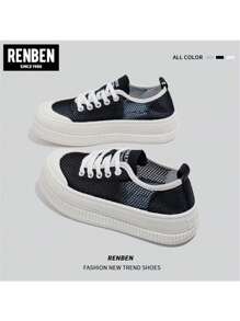 RENBEN 帆布运动鞋女休闲平底鞋复古新款圆头百搭白色鞋子厚底秋季 - 黑色 - 查看 7