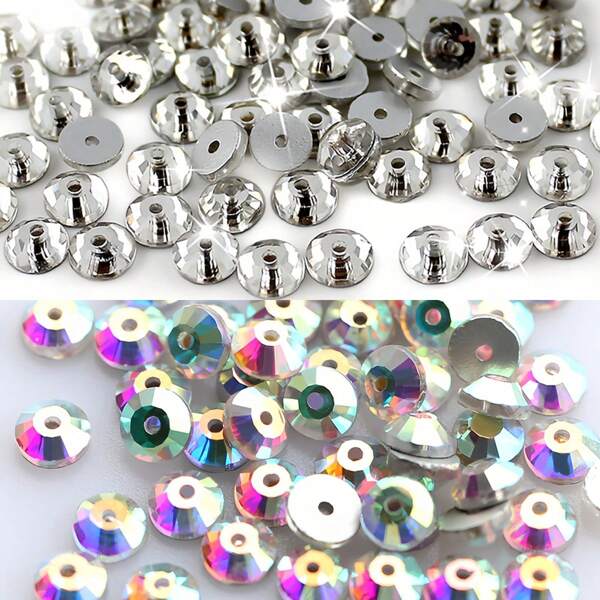 Flatback Round Sew On Center Drill Bit For Rhinestones- 4/5/6mm (0.157/0.197/0.236") White & White AB Sparkling Gems For Clothing Nail Art DIY, Wedding Mother's Day Abaya Hijab Decor, - 1440pcs/Bag