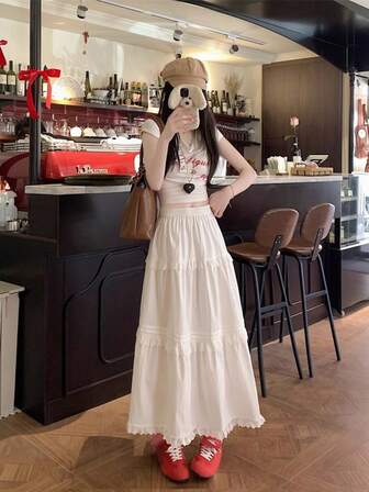 Sweet Style Lace Trim High Waist A-Line Skirt, Flattering