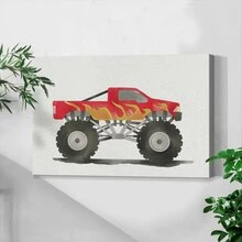 1pc Framed Canvas Wall Art, Truck Decor, Beach Truck Cartoon Red Truck Farmhouse Canvas Painting, Boys Bedroom Art Print Canvas Poster, Ideal Gift For Bedroom Living Room Hallway Dorm Wall Decor - Multicolor - View 1