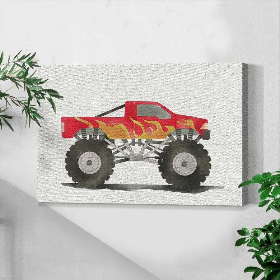 1pc Framed Canvas Wall Art, Truck Decor, Beach Truck Cartoon Red Truck Farmhouse Canvas Painting, Boys Bedroom Art Print Canvas Poster, Ideal Gift For Bedroom Living Room Hallway Dorm Wall Decor - Multicolor - View 1
