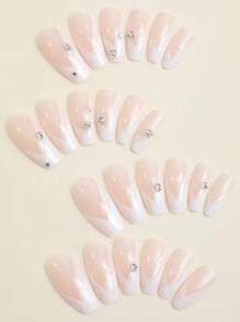 Upgrade Your Look With 24pcs Long Coffin White French Jelly Rhinestone Decor Fake Nail & 1pc Nail File & 1sheet Nail Tape Press On Nails Nail Supplies - Multicolor - View 3