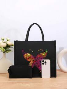 2pcs Butterfly Printed Tote Bag, Printed Tote Bag Set, Lightweight Large Capacity Tote Bag, Reusable Burlap Shopping Bag, Portable Travel Beach Bag With Makeup Bag, Birthday Gift, Teacher's Day, Nurse's Day, Birthday, Anniversary, Best Gift