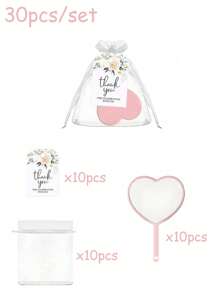 30/15/3pcs Pink Heart-Shaped Handheld Mirror Set, Portable Cute Love Hand Mirror With Handle, Small Travel Mirror Makeup Mirror, Including Pink Handheld Heart-Shaped Mirror, White Organza Bag, Flower Thank You Label, Wedding Guest Return Gift Set, Bridesmaid Souvenir, Bridesmaid Bride Gift, Bridal Shower Return Gift Set, Suitable For Princess Party Gifts, Bridal Shower, Wedding, Anniversary