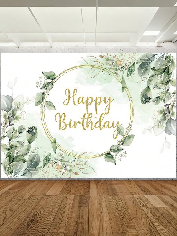 1pc Happy Birthday Photography Backdrops Green Eucalyptus Leaves Golden Circle Photo Background 59.1*39.4/82.7*59.1 Inches Newborn Party Banner Indoor Outdoor Decor Supplies