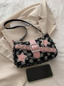 Y2K Fashionable Multi-Function Star & Moon Decor Unique Pink Chain Shoulder Bag,Women Baguette Bag, Niche Fashion Design, Steampunk, Goth, Lady's Bag - Black - View 5