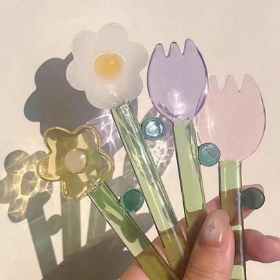 1 件花形玻璃勺（6 种款式可选）、长柄勺、冰淇淋甜品勺、咖啡搅拌棒、茶匙、桌面装饰、小礼物、优雅透明简约设计