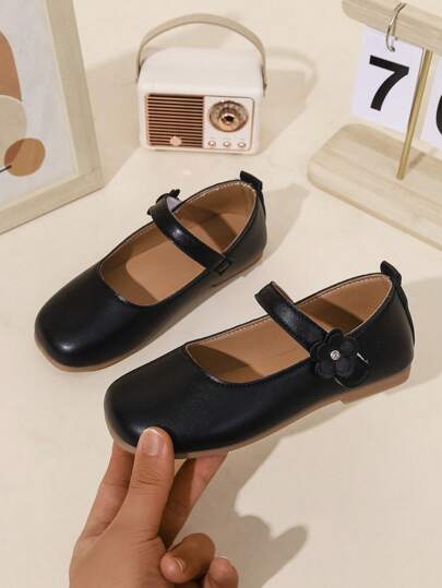 1 Pair Girls Flat Shoes, PU Flower Hook And Loop Adjustable Size Design Round Toe TPR Non-Slip Lightweight Comfortable Solid Color Fashion Ballet Flats, Suitable For 5-14 Years Old Elementary & Middle School Students, For Home, School, Holidays And Performances