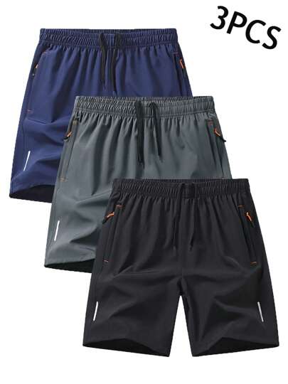 3 piezas Pantalones cortos deportivos casuales de verano con cordón y bolsillos con cremallera para hombres - Tela transpirable, cómoda y de secado rápido - Adecuados para actividades al aire libre, correr, senderismo - Exclusivo para hombres - Regalo perfecto para hombres activos