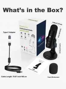 Haomuren USB 麦克风带 Type-C 适配器，适用于 PC、笔记本电脑、手机、电容麦克风，具有降噪、回声效果、触摸静音、监视器、播客、游戏、播客、ASMR 增益 - 黑色 - 查看 8