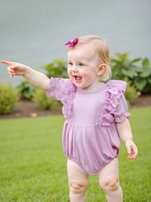 2Pcs Baby Girls Rompers Floral Print Lace Ruffles Round Neck Short Sleeve Infant Bodysuits Jumpsuits - Purple - View 9