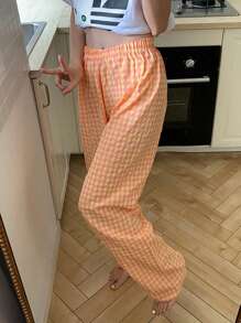 3 piezas de pantalones de pijama rectos, cómodos y holgados de estilo casual a cuadros, en colores caramelo, de algodón delgado para mujer en verano