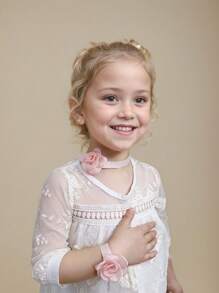 2pcs Girls Toddlers Rose Flower Bowknot + Wristband Bracelet 2-Piece Set, Baby Girl Bow Flower Outfit, Wedding Dress Decoration, Kids Party Accessory, Bridal Decor