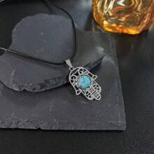 1pc Fashion Necklace With Natural Crystal, Rose Quartz And Tiger Eye Stone Palm Pendant, Suitable For Daily Wear