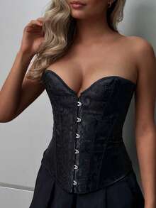 Apperloth A Black Corset Tops Sexy Overbust Longline Tube Top Jacquard Print Hook Front Lace Up Back Backless Boned Lingerie For Women Waist Training Shapewear With Thong Halloween Costumes Rave Partywear Going Out Clothes