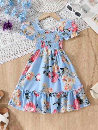 欧美风格少女夏季休闲印花连衣裙短袖度假轻便公主裙