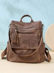 女士复古休闲简约百搭背包时尚软皮大容量户外旅行流苏背包，适合学校、大学、初中、高中、通勤、办公室工作 - 棕色 - 查看 1