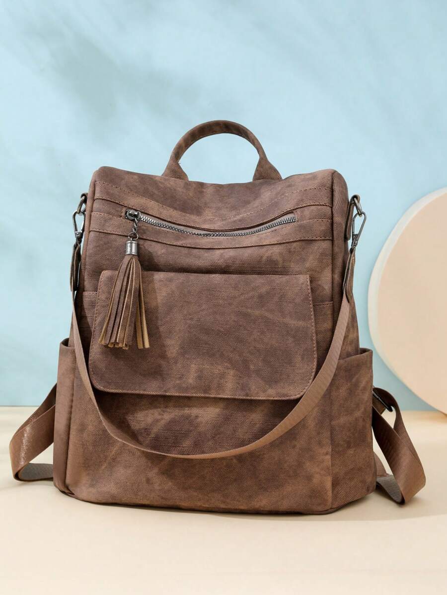 女士复古休闲简约百搭背包时尚软皮大容量户外旅行流苏背包，适合学校、大学、初中、高中、通勤、办公室工作 - 棕色 - 查看 1