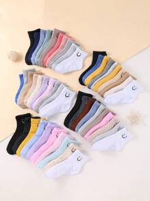 10對兒童隨機顏色實色微笑臉設計運動中筒可愛襪子,適用於日常穿著 - 彩色 - 查看 7
