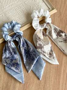 双层缎面面料碎花蝴蝶结发带，优雅花卉印花波西米亚风发带，涤纶