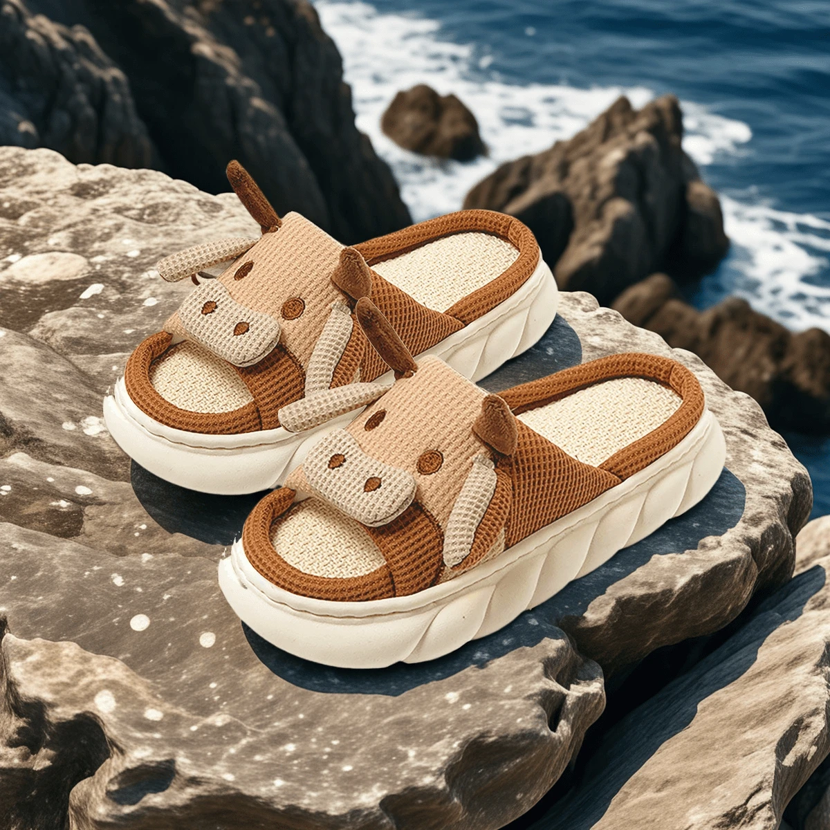 Suave y cómodo de lino para hombres y mujeres zapatillas de vaquero Suela antideslizante engrosada Casa Al aire libre se puede usar - Camel - Ver 1