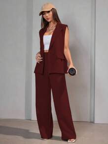 Casual Suit Vest Set Women - 酒紅色 - 查看 3