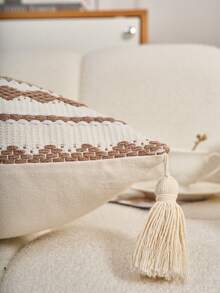 1pc Woven Linen Tasseled Cushion Cover, Bohemian Style, Suitable For Living Room, Bedroom, Weddings - Beige - View 4