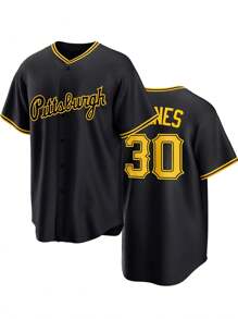 Men's Embroidery Baseball Jersey 30 Black Casual Short Sleeve V-Neck Button T-Shirts Party Sports Top