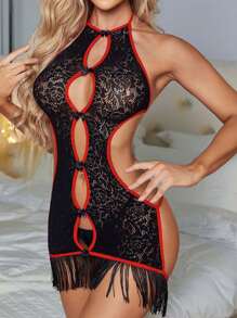 Women's Sexy Lingerie Set, Bow Tassel Halter Hollow Out Backless Jacquard Contrast Color Bikini Cover Up Nightgown, Without G-String - Black - View 5