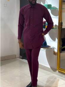 2pcs Men's African Dashiki Set, Symmetric Patchwork Design, Button-Up Long Sleeve Shirt, Elastic Waist Pants, Casual Streetwear Outfit, Suitable For Parties, Dates, Weddings, Cultural Events, Traditional Ceremonies - View 1