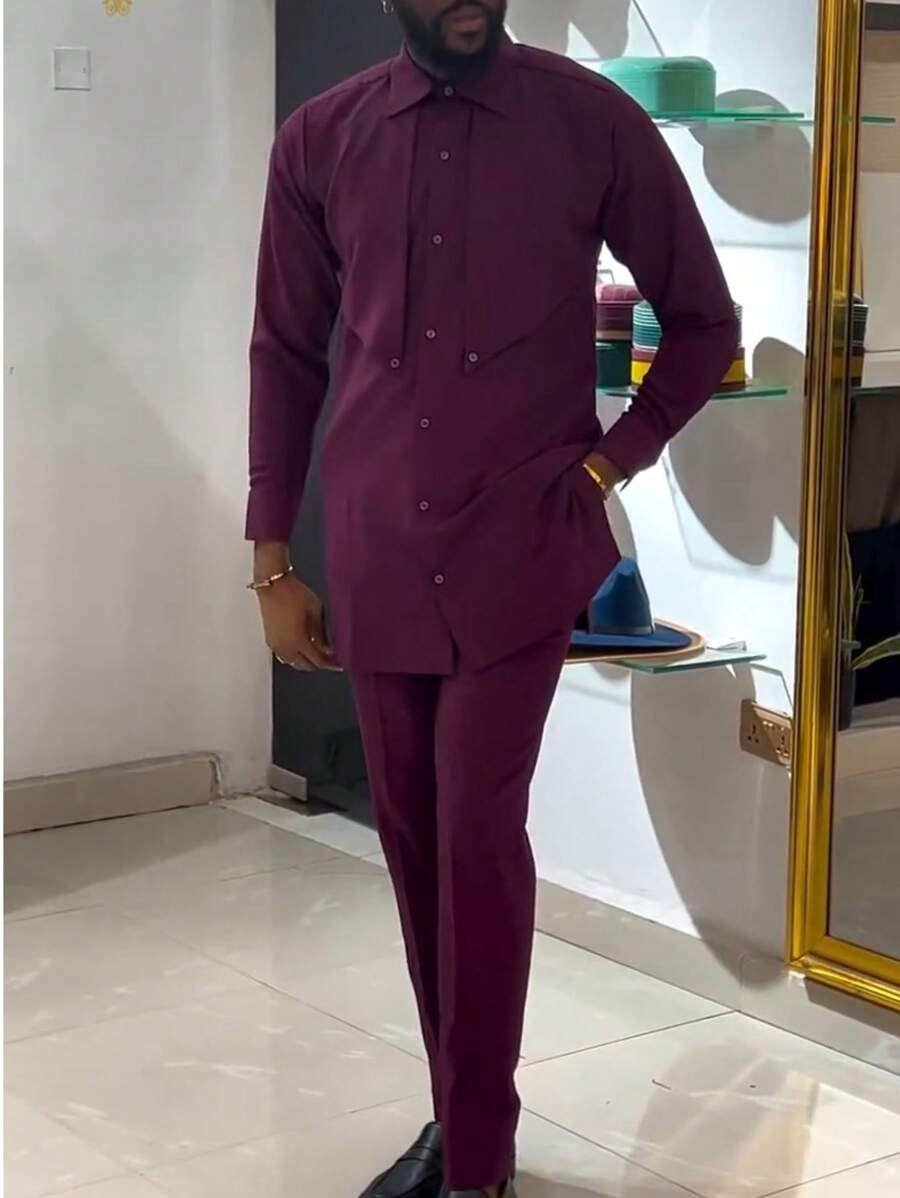 2pcs Men's African Dashiki Set, Symmetric Patchwork Design, Button-Up Long Sleeve Shirt, Elastic Waist Pants, Casual Streetwear Outfit, Suitable For Parties, Dates, Weddings, Cultural Events, Traditional Ceremonies - View 1