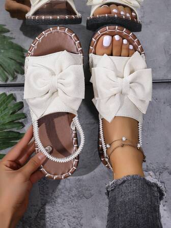 Women's Flat Sandals, Elastic Button Strap Women's Printed White Thong Flat Sandals Slippers, Solid Color Open Toe Non-Slip Slippers, Suitable For Outdoor And Indoor, Beige With Bow Design