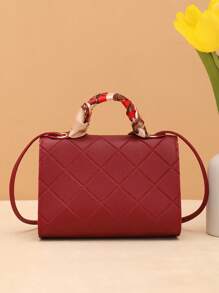 Women Embossed Plaid Small Handbag, Scarf Wristlet Purse For Daily Outing - Burgundy - View 4
