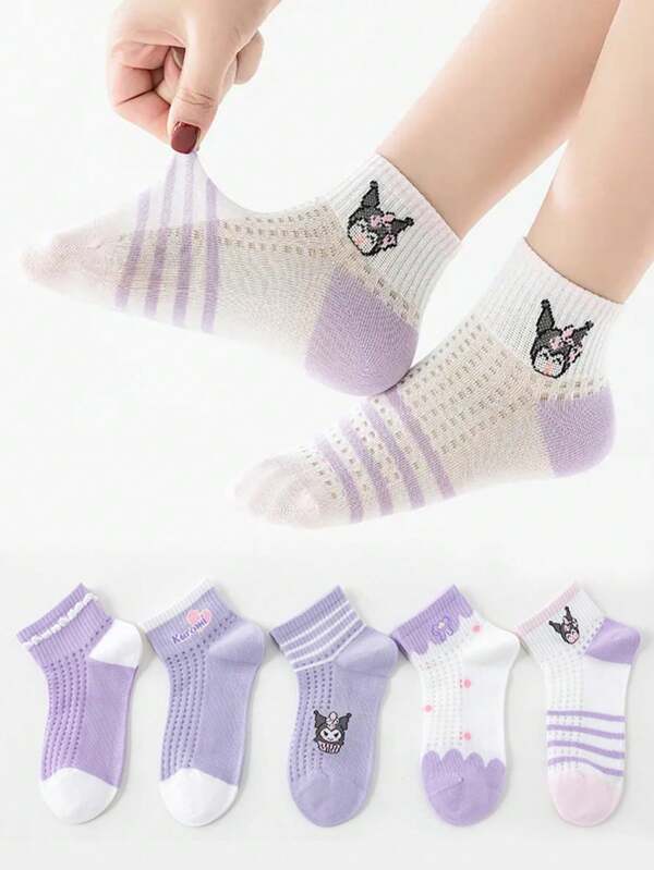 Sanrio 5 paires de chaussettes en maille respirantes mignonnes Kuromi pour filles, chaussettes fines sans couture pour enfants pour l'été, filles
