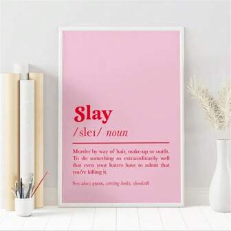 1 件“SLAY”定义帆布印刷品 - 粗体粉色和红色文字，极简主义现代墙壁艺术海报，无框，非常适合客厅、卧室、大学宿舍装饰，别致的礼物