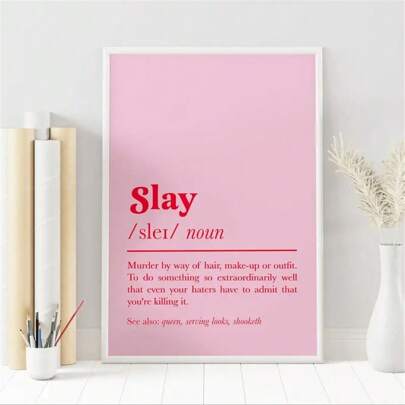 1 件“SLAY”定义帆布印刷品 - 粗体粉色和红色文字，极简主义现代墙壁艺术海报，无框，非常适合客厅、卧室、大学宿舍装饰，别致的礼物