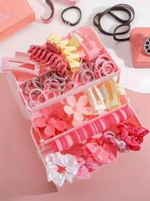 110pcs/Set Pink Fashion Hair Accessories Set, Including Flower & Geometric Plastic Hair Clips, Hair Ties, Scrunchies - Suitable For Women & Girls, Essential For Pink Lady Styling - Fit For Daily Matching & Parties - 2025 New Fashion