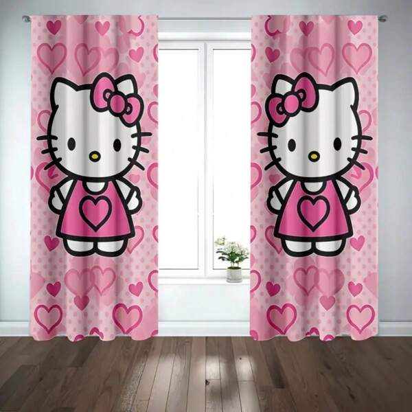Sanrio 2 Pieces Sanrio Theme Hello Kitty Blackout Curtains - Made Of Polyester, With Rod Pocket Design For Easy Hanging, Cartoon Printed Curtains Suitable For Bedroom, Office, Living Room, Great For Home Decor