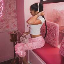 Women Cropped Lace Capri Pants Sexy See Through Lace Floral Leggings Shorts Slim Fit Bowtie Side Pedal Pushers Coquette Tight Bottoms - 粉色 - 查看 6