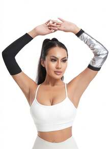 قطعتان من أكمام الذراع الرياضية من البولي يوريثان الفضي، شكل فراشة مخصص لشد الذراعين، أشرطة لشد وترميم الذراعين للركض واليوغا والجيم - الأسود - مشاهدة 5