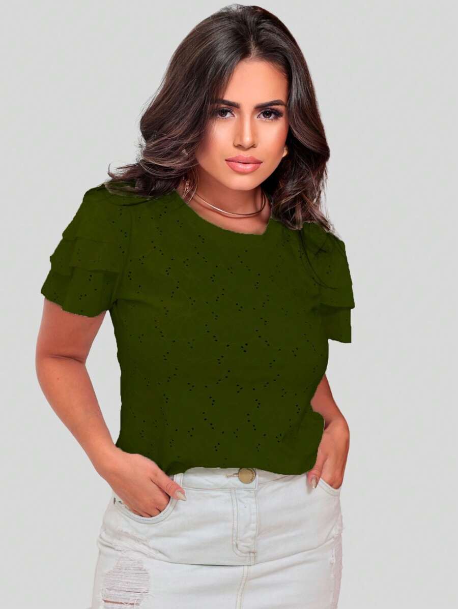Women's Evangelical Fashion Blouse With Ruffle Sleeves - 苔綠色 - 查看 1
